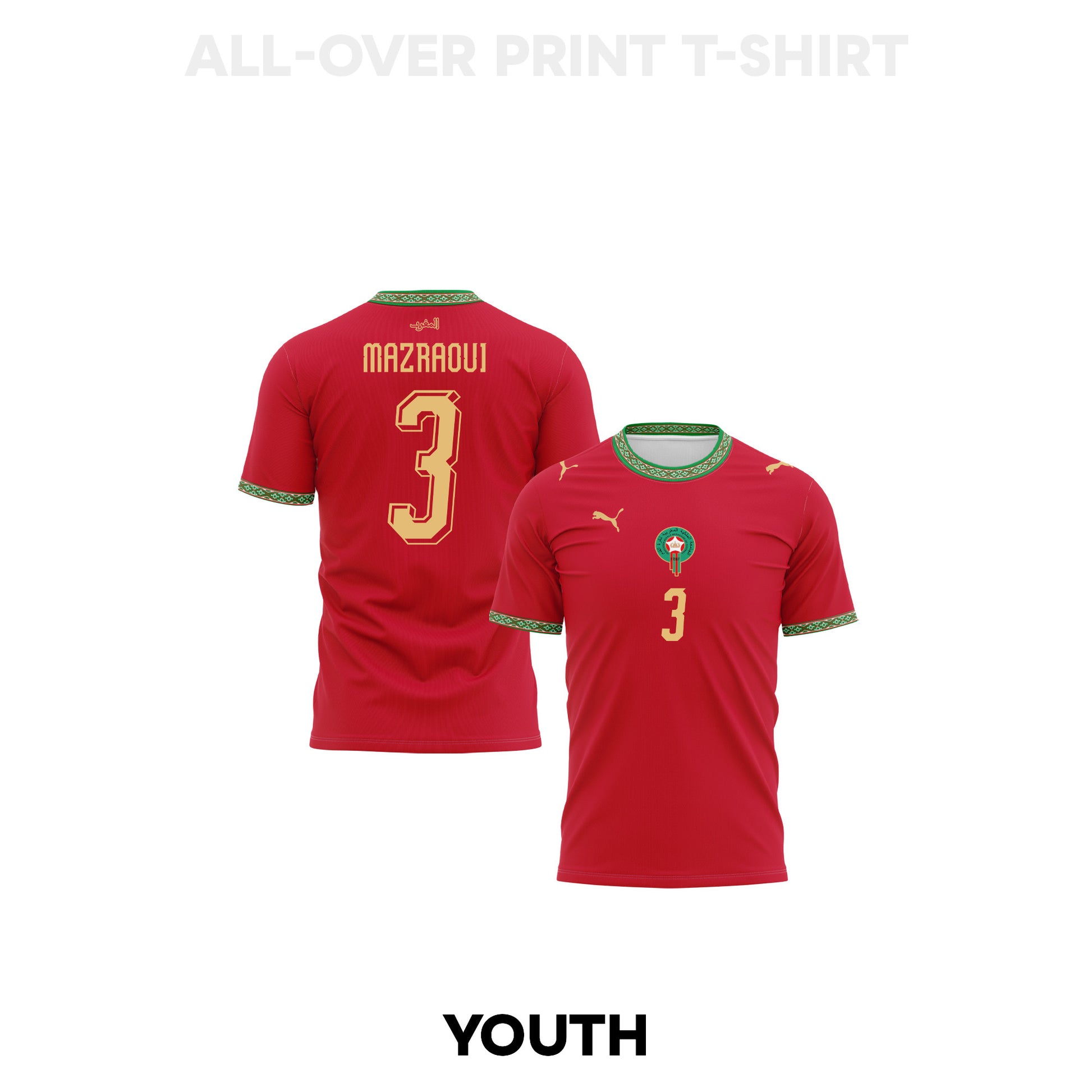 Noussair Mazraoui 3 Youth Morocco 2026 Home 3D T-shirt Fully Printed Soccer – Red