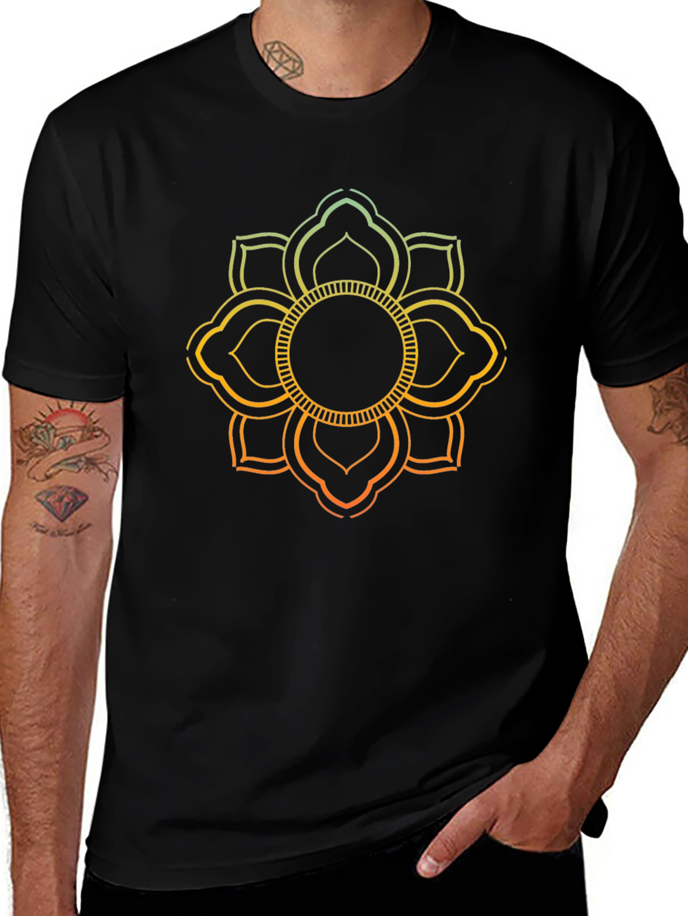 Lotus Mandala Graphic Print Black T-Shirt
