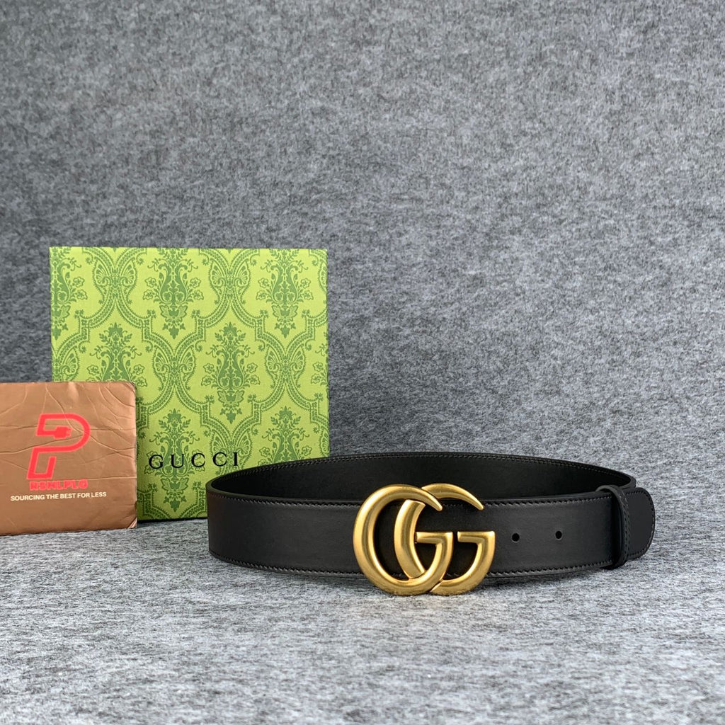 Double G Textured Leather Belt with Antique Brass Buckle, 1.5” Width 'Black'