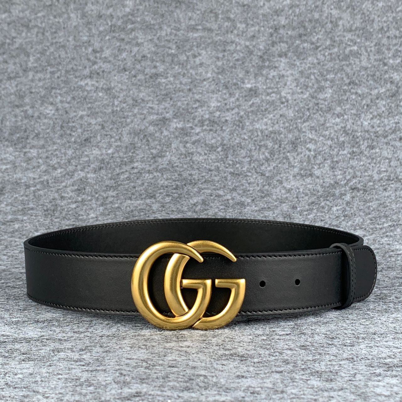 Double G Textured Leather Belt with Antique Brass Buckle, 1.5” Width 'Black'