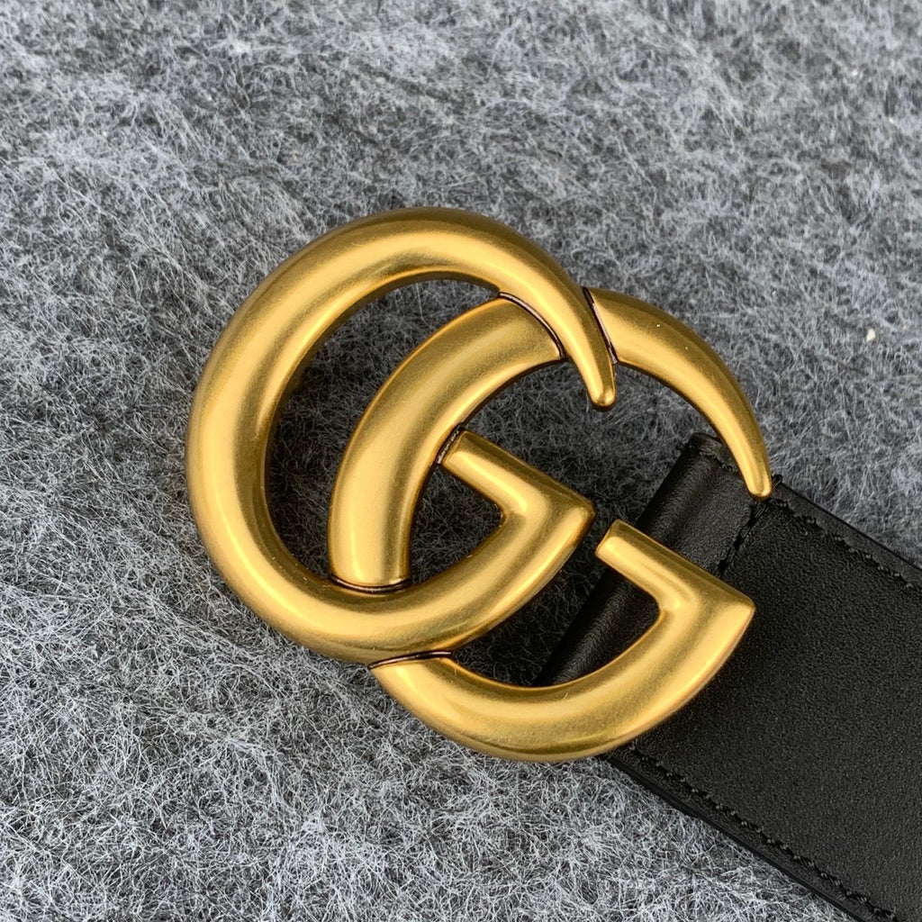 Double G Textured Leather Belt with Antique Brass Buckle, 1.5” Width 'Black'