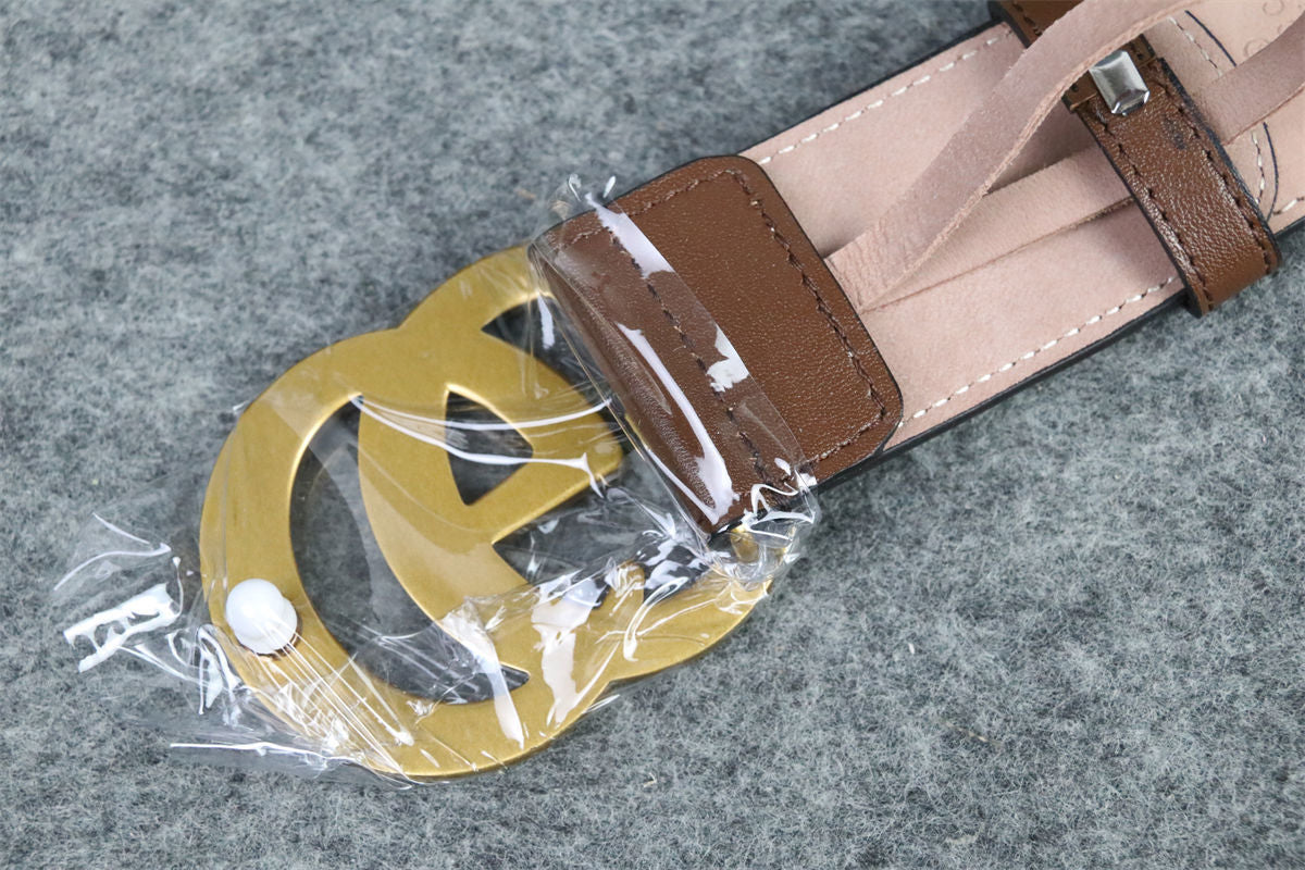 GG Leather Belt with Double G Buckle, 1.5” Width 'Brown'