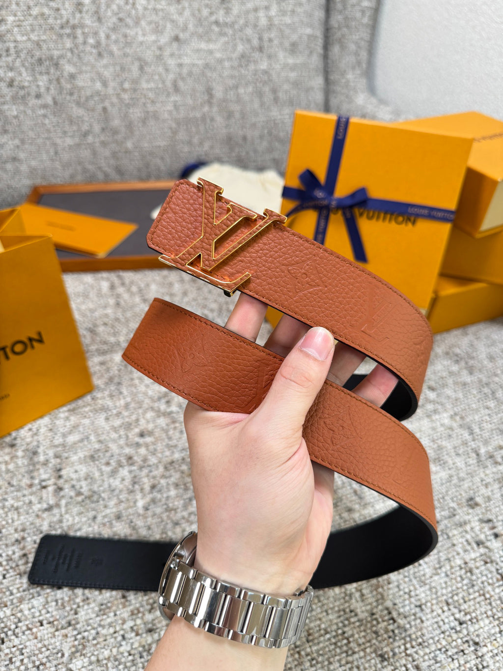 Cognac Brown Embossed Grain Leather Men Belt Gold Hollow Logo Buckle Formal Dress Belt