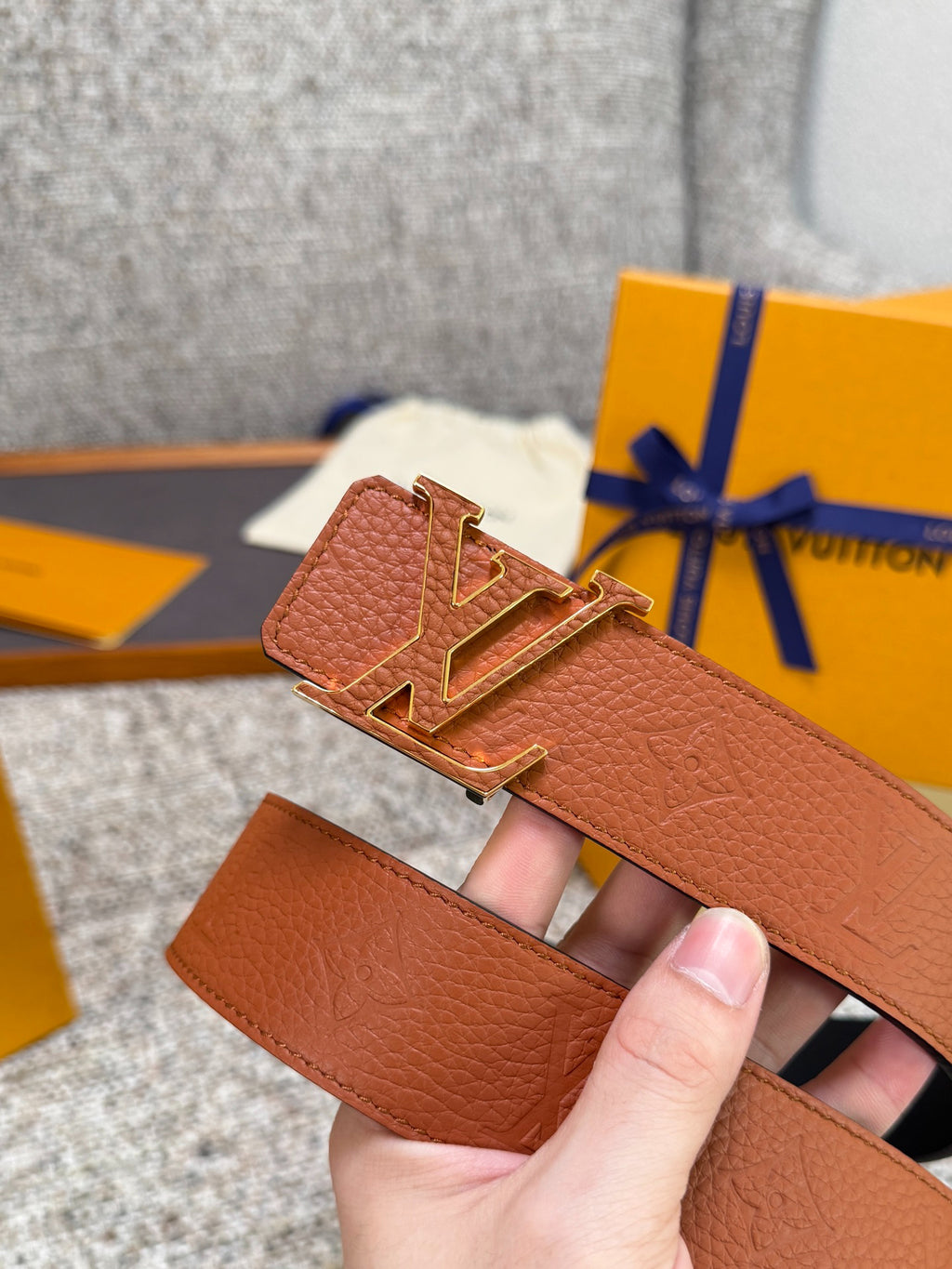 Cognac Brown Embossed Grain Leather Men Belt Gold Hollow Logo Buckle Formal Dress Belt