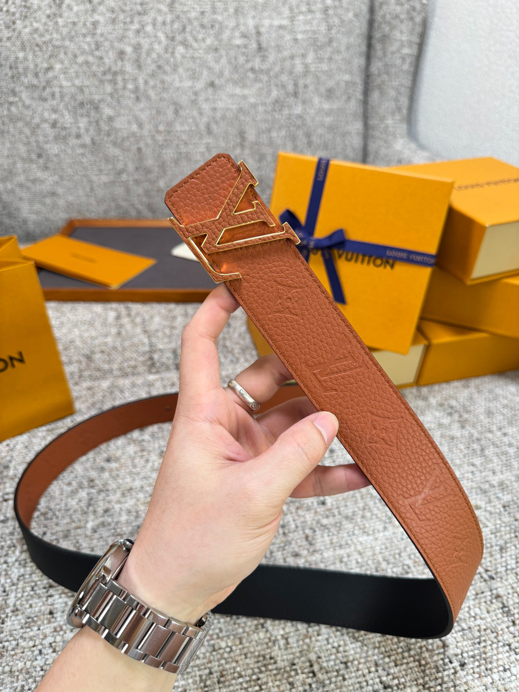 Cognac Brown Embossed Grain Leather Men Belt Gold Hollow Logo Buckle Formal Dress Belt