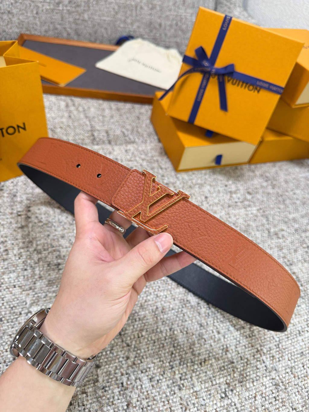 Cognac Brown Embossed Grain Leather Men Belt Gold Hollow Logo Buckle Formal Dress Belt