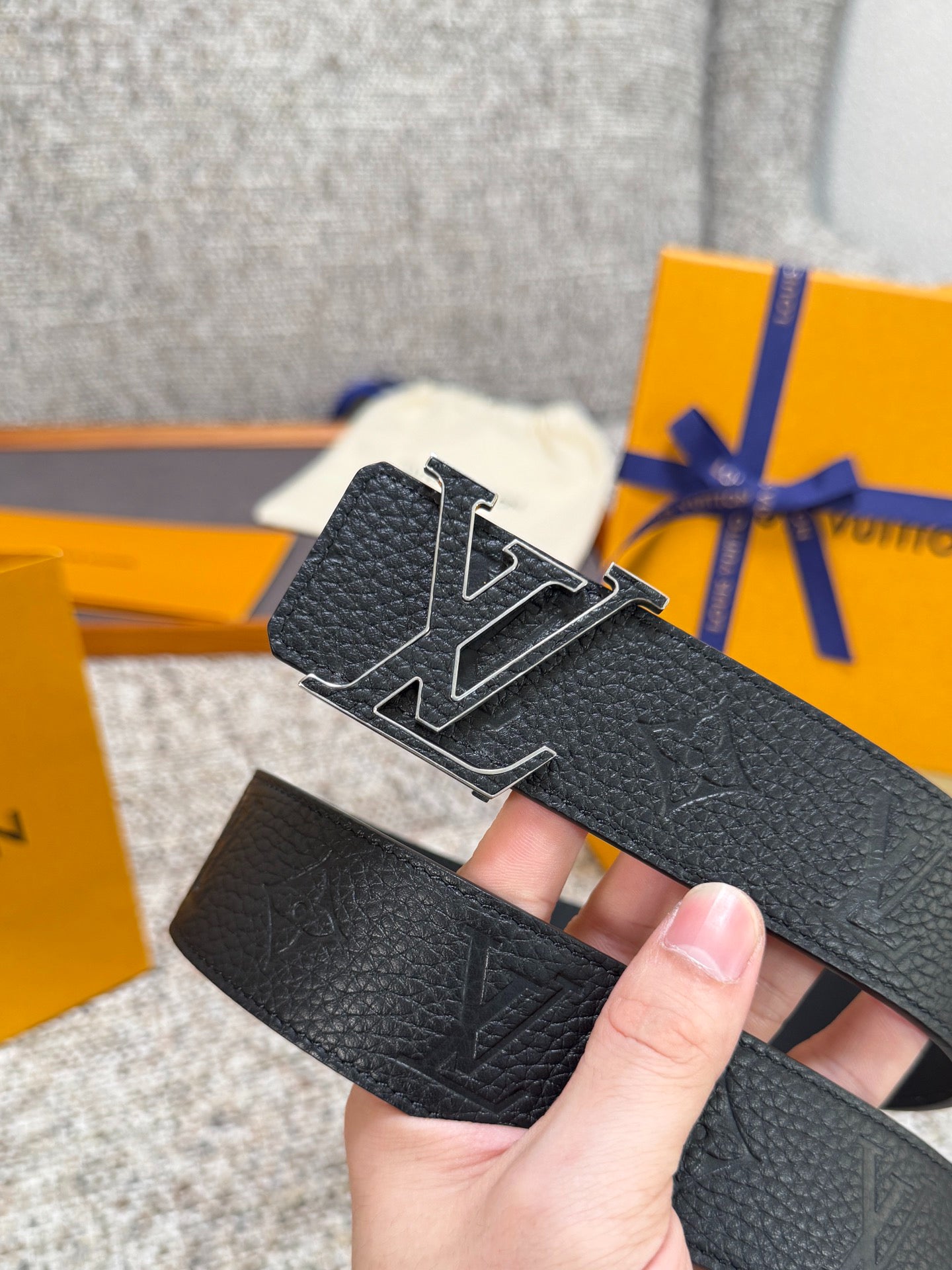 Cognac Brown Embossed Grain Leather Men Belt Gold Hollow Logo Buckle Formal Dress Belt