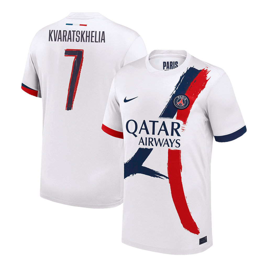 KVARATSKHELIA #7 PSG Away Football Shirt 2024/25 White Soccer- UCL