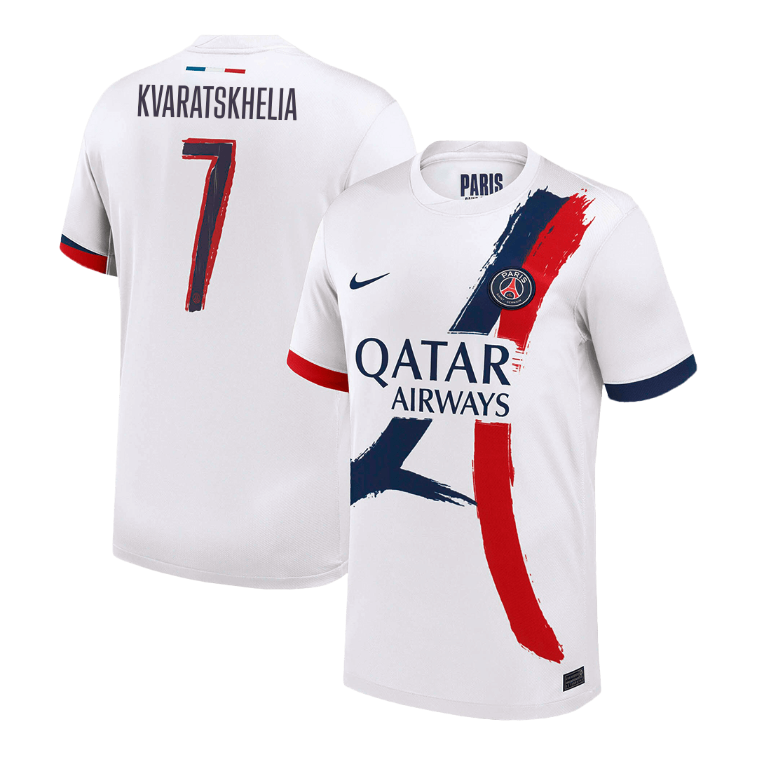 KVARATSKHELIA #7 PSG Away Football Shirt 2024/25 White Soccer- UCL