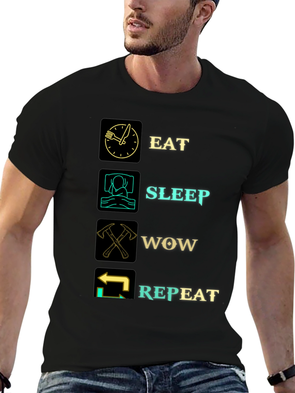 Eat Sleep WOW Repeat Black Graphic T-Shirt